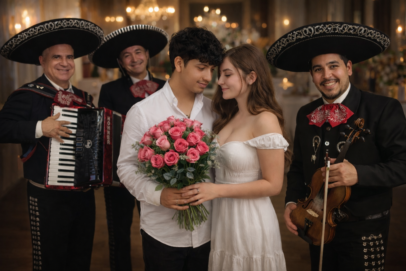 Mariachis en Alicante | Serenatas, Bodas y Eventos 24 Horas 12 Una pareja joven se abraza románticamente en el centro; él sostiene un gran ramo de rosas rosas y ella luce un vestido blanco. Detrás de ellos, tres músicos de Mariachi Reyes del Mediterráneo sonríen mientras tocan el acordeón y el violín. Llevan trajes de gala negros con moños rojos bordados en un salón elegantemente iluminado.