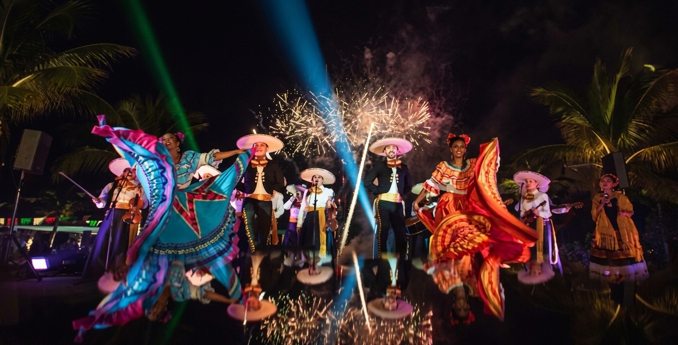 El grupo Mariachi Reyes del Mediterráneo actuando en un escenario nocturno junto a un ballet folclórico. Las bailarinas lucen vestidos regionales de colores vibrantes en movimiento, mientras los músicos visten trajes de gala negros con detalles dorados. De fondo, un espectáculo de fuegos artificiales ilumina el cielo nocturno entre palmeras.