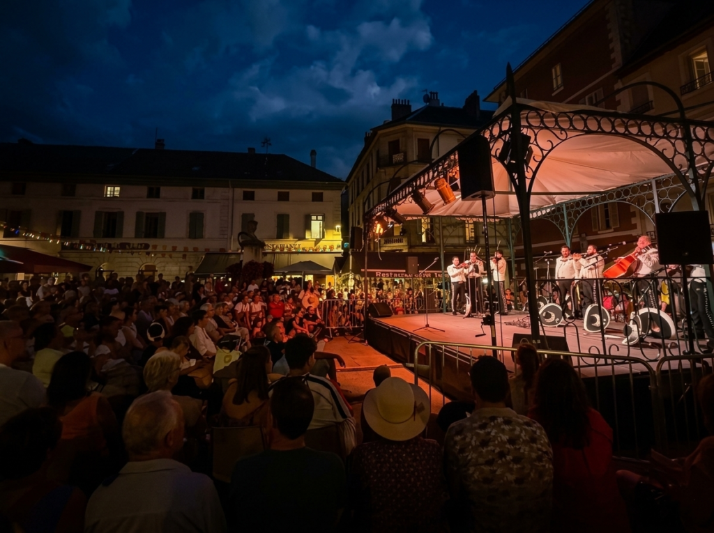 Grupo Mariachi Reyes del Mediterráneo actuando en un escenario iluminado durante un concierto nocturno al aire libre ante una gran audiencia en una plaza.
