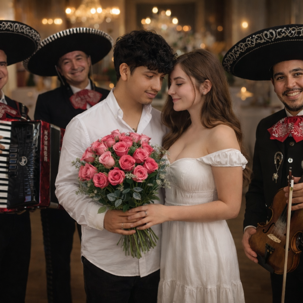 Una pareja joven se abraza románticamente en el centro; él sostiene un gran ramo de rosas rosas y ella luce un vestido blanco. Detrás de ellos, tres músicos de Mariachi Reyes del Mediterráneo sonríen mientras tocan el acordeón y el violín. Llevan trajes de gala negros con moños rojos bordados en un salón elegantemente iluminado.