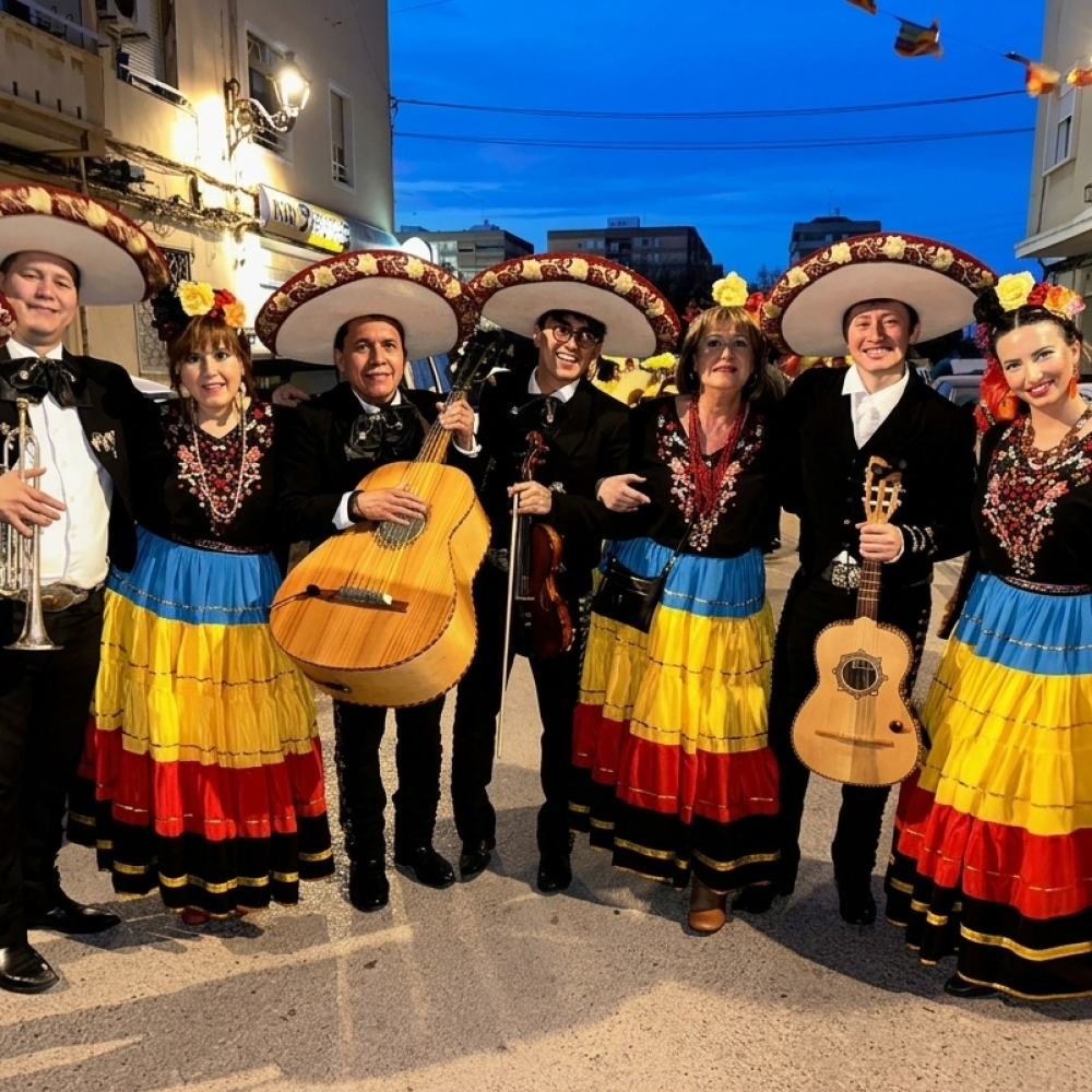 Grupo de músicos de mariachi y bailarinas con vestidos regionales coloridos posando en una calle iluminada al atardecer.
