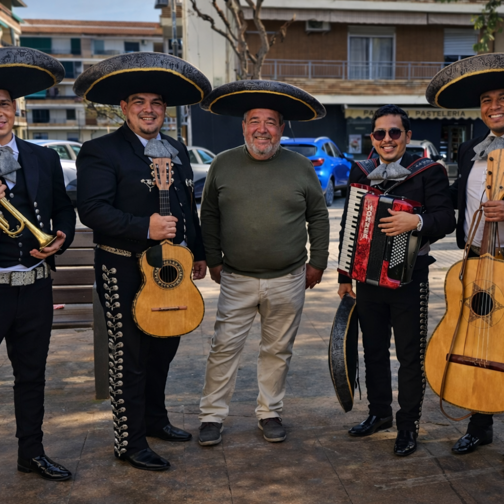 Tres músicos del Mariachi Reyes del Mediterráneo con trajes negros y moños azules posando junto a un hombre que celebra su cumpleaños. El cumpleañero sonríe mientras luce un sombrero charro negro y plata. Los músicos sostienen un violín, una trompeta y un guitarrón en un salón con decoración de globos dorados y azules de fondo.