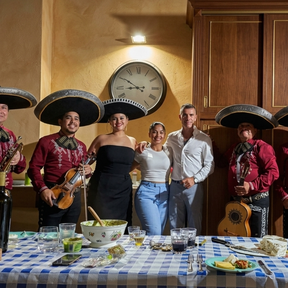 Músico profesional de Mariachi Los Reyes tocando en celebracion de cumpleaños rodeado de la homenejeada y sus amigos
