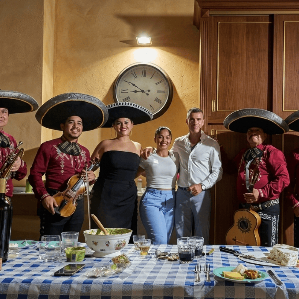 Músico profesional de Mariachi Los Reyes tocando en celebracion de cumpleaños rodeado de la homenejeada y sus amigos