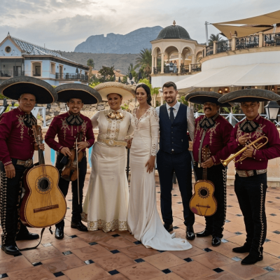 Una pareja de novios posa en una terraza exterior junto a cinco integrantes del Mariachi Reyes del Mediterráneo. Destaca en el centro una mujer mariachi con un traje de gala blanco y oro, mientras los demás músicos visten chaquetillas burdeos. De fondo se aprecia una piscina, una edificación clásica y montañas bajo un cielo atardecido.