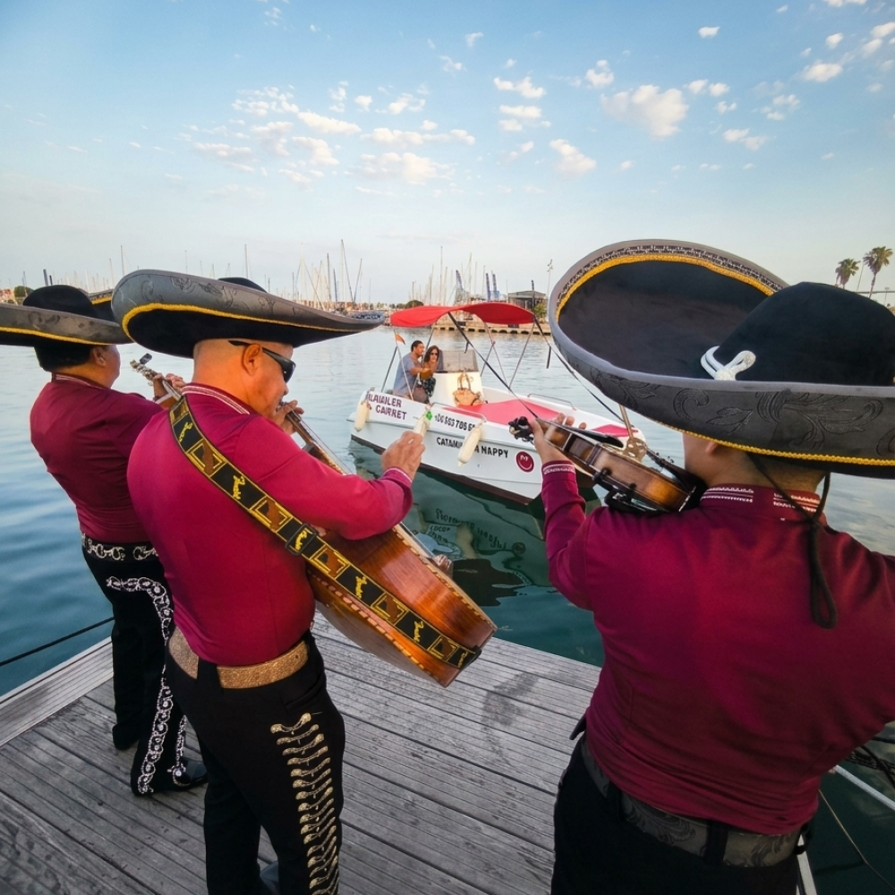Músico profesional de Mariachi Los Reyes tocando en celebracion de cumpleaños con trajes negros e instrumentos representativos