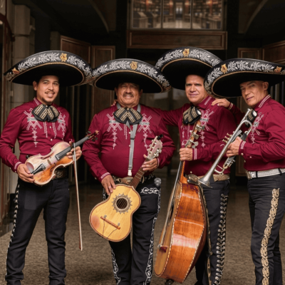 Cuatro músicos mariachis sonrientes posando de pie con sus instrumentos: violín, vihuela, guitarrón y trompeta. Visten trajes tradicionales con sombreros charros negros, camisas color burdeos bordadas y pantalones negros con botonadura plateada.